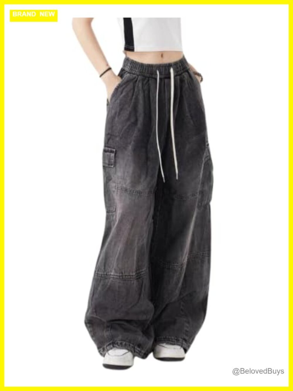 High Rise Wide Leg Drawstring Cargo Jeans Women